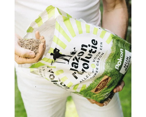 Pokon Gazon Revolutie alles-in-één mengsel van graszaad en meststof in een hand.