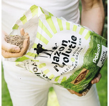 Pokon Gazon Revolutie alles-in-één mengsel van graszaad en meststof in een hand.