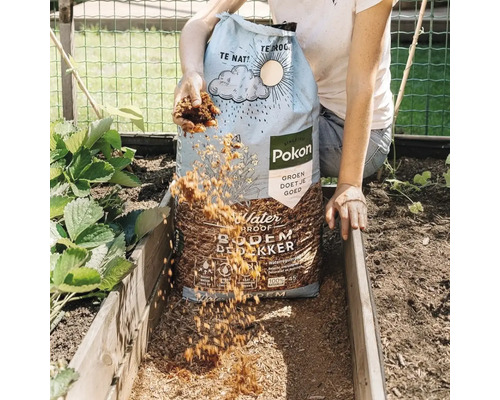 Een persoon strooit Pokon Waterproof Bodembedekker uit een 45 liter zak in een houten moestuinbak in de tuin naast aardbeienplanten.