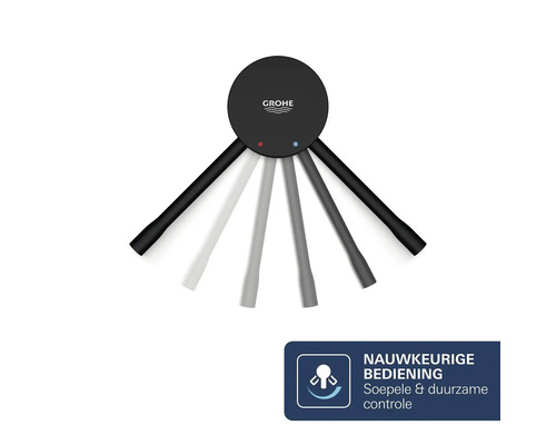 Grohe Logo op een mengkraanhendel met symbool voor nauwkeurige en soepele temperatuurregeling door het draaibereik van de hendel.