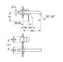 Technische tekening van een wandmengkraan met afmetingen in millimeters. Zij- en vooraanzicht.