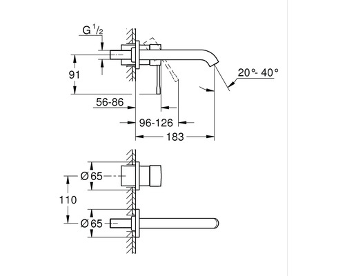 Technische tekening van een wandmengkraan met afmetingen in millimeters. Zij- en vooraanzicht.
