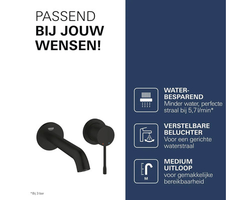 Grohe wandmengkraan, zwart, Grohe Logo, waterbesparend 5,7 liter per minuut bij 3 bar, verstelbare beluchter en medium uitloop.