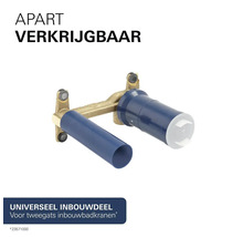 Universeel inbouwdeel van messing voor tweegats inbouwbadkranen met blauwe beschermhulzen.