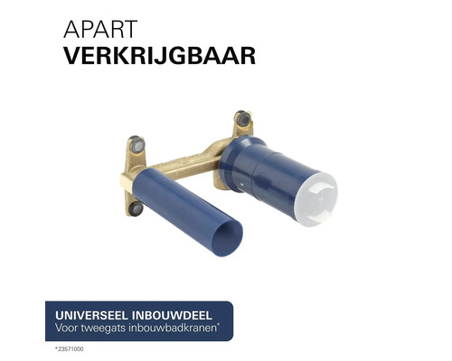 Universeel inbouwdeel van messing voor tweegats inbouwbadkranen met blauwe beschermhulzen.