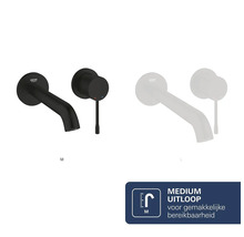 Grohe wandwastafelmengkraan in mat zwart met uitloop en hendel, maat Medium voor gemakkelijke bereikbaarheid, Grohe Logo.