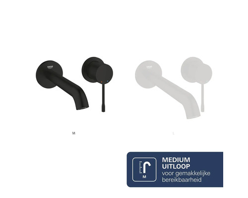 Grohe wandwastafelmengkraan in mat zwart met uitloop en hendel, maat Medium voor gemakkelijke bereikbaarheid, Grohe Logo.