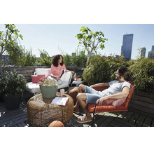 Ontspannen dakterras met loungemeubels, een rotan tafel en diverse potplanten tegen de achtergrond van een skyline.
