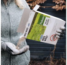 Persoon giet Pokon Mos Weg 2 in 1 mosbestrijder en gazonmest uit de verpakking in een gehandschoende hand voor gazononderhoud.