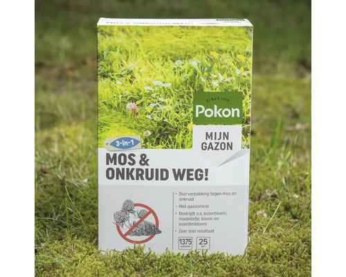 Pokon 3-in-1 gazonmest tegen mos en onkruid, 1375 gram voor 25 vierkante meter.