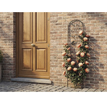 Metalen klimrek met vogel- en bladmotieven, begroeid met klimrozen tegen een bakstenen muur naast een houten deur.