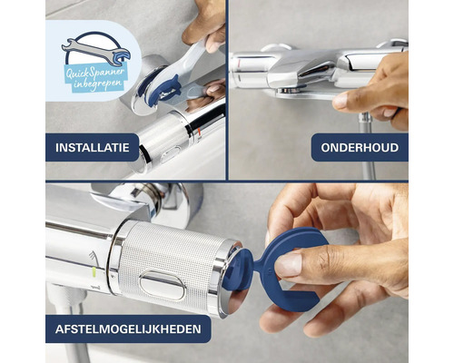 Drie afbeeldingen tonen de installatie, het onderhoud en de instelmogelijkheden van een thermostaatkraan met de meegeleverde QuickSpanner.