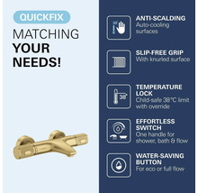 Goudkleurige thermostaatkraan voor bad met gekartelde grepen, hittebescherming, temperatuurbegrenzing op 38 graden Celsius en waterbesparingsknop.