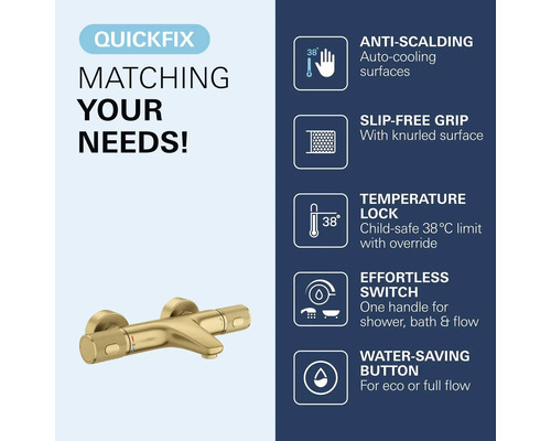 Goudkleurige thermostaatkraan voor bad met gekartelde grepen, hittebescherming, temperatuurbegrenzing op 38 graden Celsius en waterbesparingsknop.