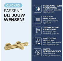 Thermostatische badmengkraan in goud met symbolen voor beveiliging tegen verbranding, antislipgreep, 38 graden begrenzing en waterbesparing.