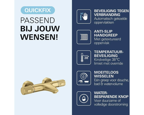 Thermostatische badmengkraan in goud met symbolen voor beveiliging tegen verbranding, antislipgreep, 38 graden begrenzing en waterbesparing.