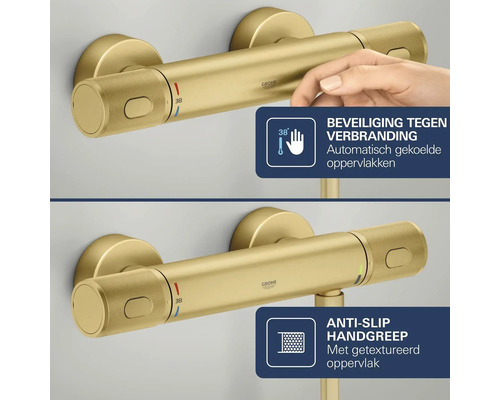Grohe Logo op gouden thermostaat douchemengkraan met beveiliging tegen verbranding bij 38 graden en antislip handgrepen met textuur.