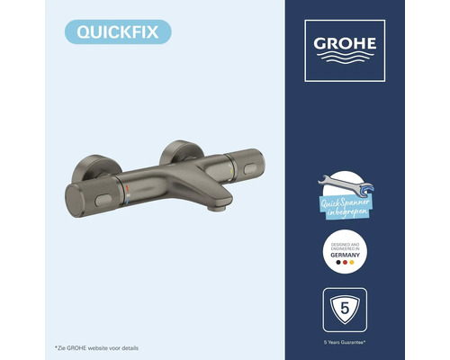 Grohe Logo, QUICKFIX, badthermostaatkraan, inclusief montagesleutel, ontworpen in Duitsland, 5 jaar garantie.