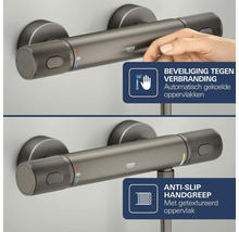 Grohe douchethermostaat, Grohe Logo, beveiliging tegen verbranding bij 38 graden door gekoelde oppervlakken en antislip handgrepen met textuur.