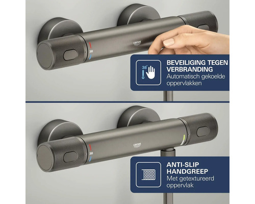 Grohe douchethermostaat, Grohe Logo, beveiliging tegen verbranding bij 38 graden door gekoelde oppervlakken en antislip handgrepen met textuur.