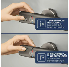 Thermostaatkraan met temperatuurbeveiliging op 38 graden en extra blokkering op 43 graden Celsius.