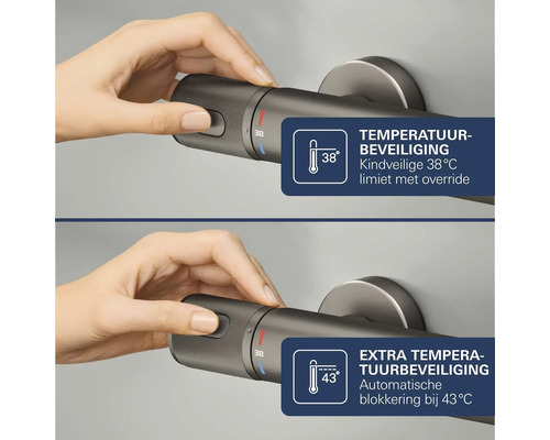 Thermostaatkraan met temperatuurbeveiliging op 38 graden en extra blokkering op 43 graden Celsius.