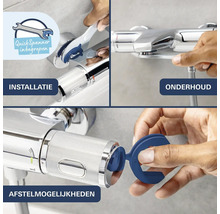 Drie afbeeldingen tonen de installatie, het onderhoud en de instelmogelijkheden van een thermostaatkraan met de meegeleverde QuickSpanner.