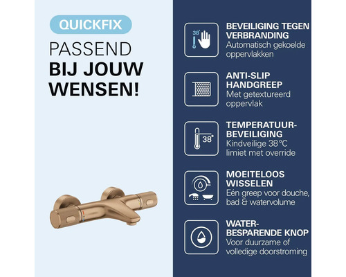 Thermostatische badkraan in geborsteld brons met QuickFix Logo. Symbolen voor bescherming tegen verbranding, antislip handgreep en 38 graden limiet.