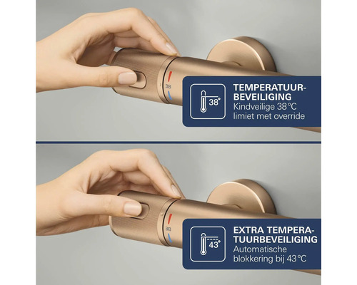 Hand bedient bronskleurige thermostaatgreep met temperatuurbeveiliging bij 38 graden Celsius en automatische blokkering bij 43 graden Celsius.