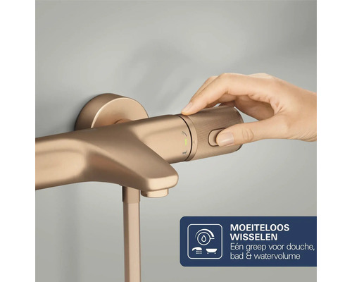 Thermostatische badkraan en douchekraan met één greep voor bediening van watervolume en wisselen tussen bad en douche.