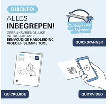 Grohe Quickfix set met de montagetool QuickSpanner, de handleiding QuickGuide en de video QuickVideo voor een eenvoudige installatie.