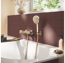 Badmengkraan en handdouche in goudlook op een rood betegelde muur boven een wit bad in een lichte badkamer.