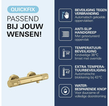 Goudkleurige Grohe douchethermostaat, getextureerde grepen, verbrandingsbeveiliging, antislipgreep, temperatuurbegrenzing 38 en 43 graden, waterbesparing.