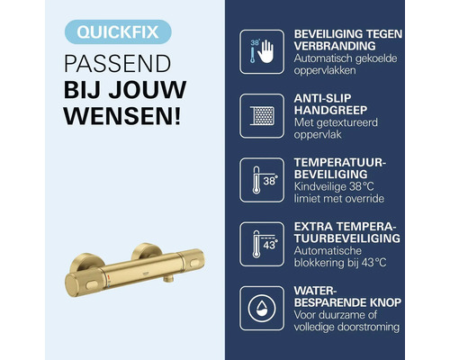Goudkleurige Grohe douchethermostaat, getextureerde grepen, verbrandingsbeveiliging, antislipgreep, temperatuurbegrenzing 38 en 43 graden, waterbesparing.