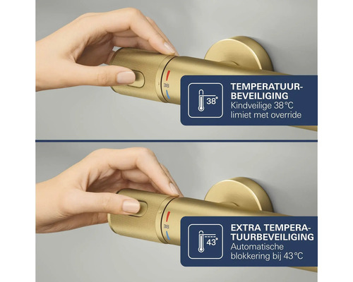 Goudkleurige thermostaatkraan met temperatuurbeveiliging op 38 graden en automatische blokkering op 43 graden.