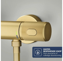 Goudkleurige thermostaatgreep met waterbesparende knop en gestructureerd oppervlak voor douche of bad.