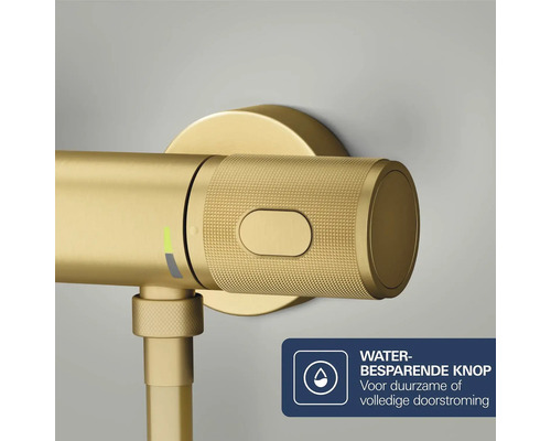 Goudkleurige thermostaatgreep met waterbesparende knop en gestructureerd oppervlak voor douche of bad.