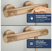 Grohe thermostaatkraan met beveiliging tegen verbranding en anti-slip handgrepen met textuur. Temperatuurbegrenzer op 38 graden.