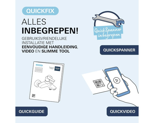 Grohe Quickfix set met de montagetool QuickSpanner, de handleiding QuickGuide en de video QuickVideo voor een eenvoudige installatie.