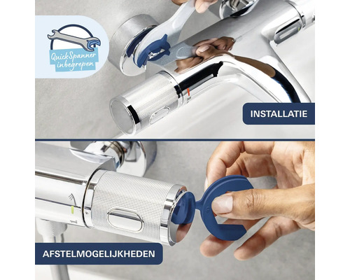 Installatie en afstelling van een Grohe kraan met de meegeleverde montagesleutel.