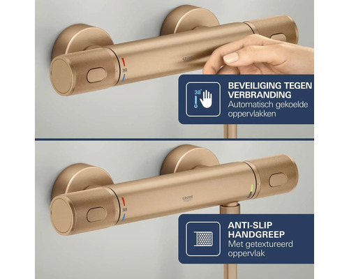Grohe thermostaatkraan met beveiliging tegen verbranding en anti-slip handgrepen met textuur. Temperatuurbegrenzer op 38 graden.