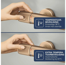 Hand bedient bronskleurige thermostaatgreep met temperatuurbeveiliging bij 38 graden Celsius en automatische blokkering bij 43 graden Celsius.