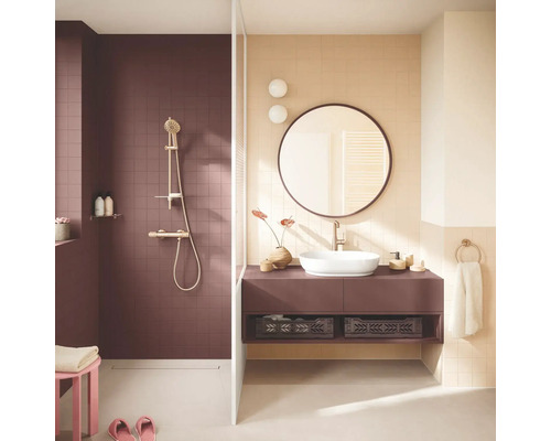 Moderne badkamer met inloopdouche, donkerpaarse tegels, goudkleurig douchesysteem, wastafelmeubel met opzetwaskom en een ronde spiegel.