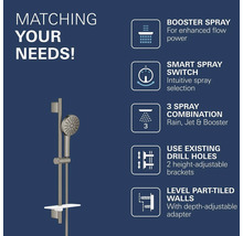 Doucheset met handdouche op een glijstang, functies: boosterstraal, smart-schakelaar, 3 straalsoorten en in hoogte verstelbare wandhouders.