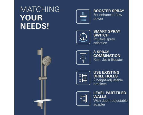 Doucheset met handdouche op een glijstang, functies: boosterstraal, smart-schakelaar, 3 straalsoorten en in hoogte verstelbare wandhouders.