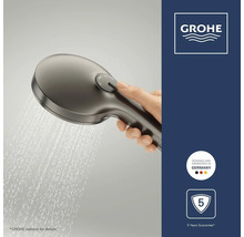 Grohe handdouche met straalsoortkeuze via drukknop, waterstraal, Grohe Logo, 5 jaar garantie en ontworpen in Duitsland.