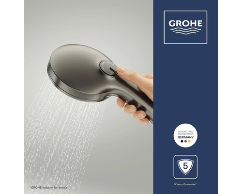 Grohe handdouche met straalsoortkeuze via drukknop, waterstraal, Grohe Logo, 5 jaar garantie en ontworpen in Duitsland.