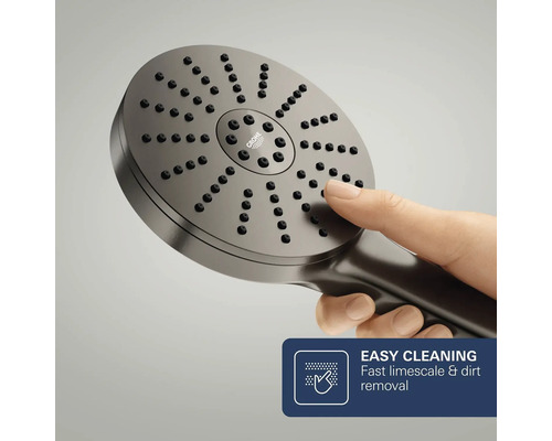 Grohe handdouche met flexibele siliconen sproeigaatjes voor eenvoudige verwijdering van kalk en vuil door simpelweg af te vegen. Grohe Logo.