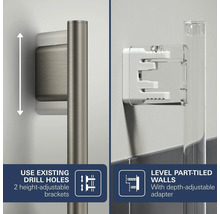 Hoogteverstelbare glijstanghouder voor bestaande boorgaten met diepteverstelbare adapter voor het egaliseren van gedeeltelijk betegelde wanden.