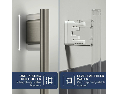 Hoogteverstelbare glijstanghouder voor bestaande boorgaten met diepteverstelbare adapter voor het egaliseren van gedeeltelijk betegelde wanden.